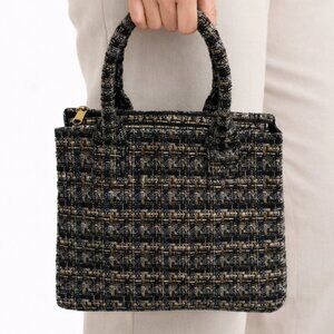 EUC J.Crew Black & Tan Tweed Top Handle Tote Bag